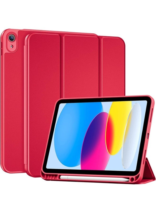 جراب لجهاز iPad A16 2025 الجيل الحادي عشر 11 بوصة / iPad الجيل العاشر 2022 10.9 بوصة مع حامل قلم، مصنوع من جلد PU متين، وغطاء خلفي مرن من مادة TPU مقاوم للصدمات، مزود بخاصية التشغيل/الإيقاف التلقائي (أحمر) - Image 1